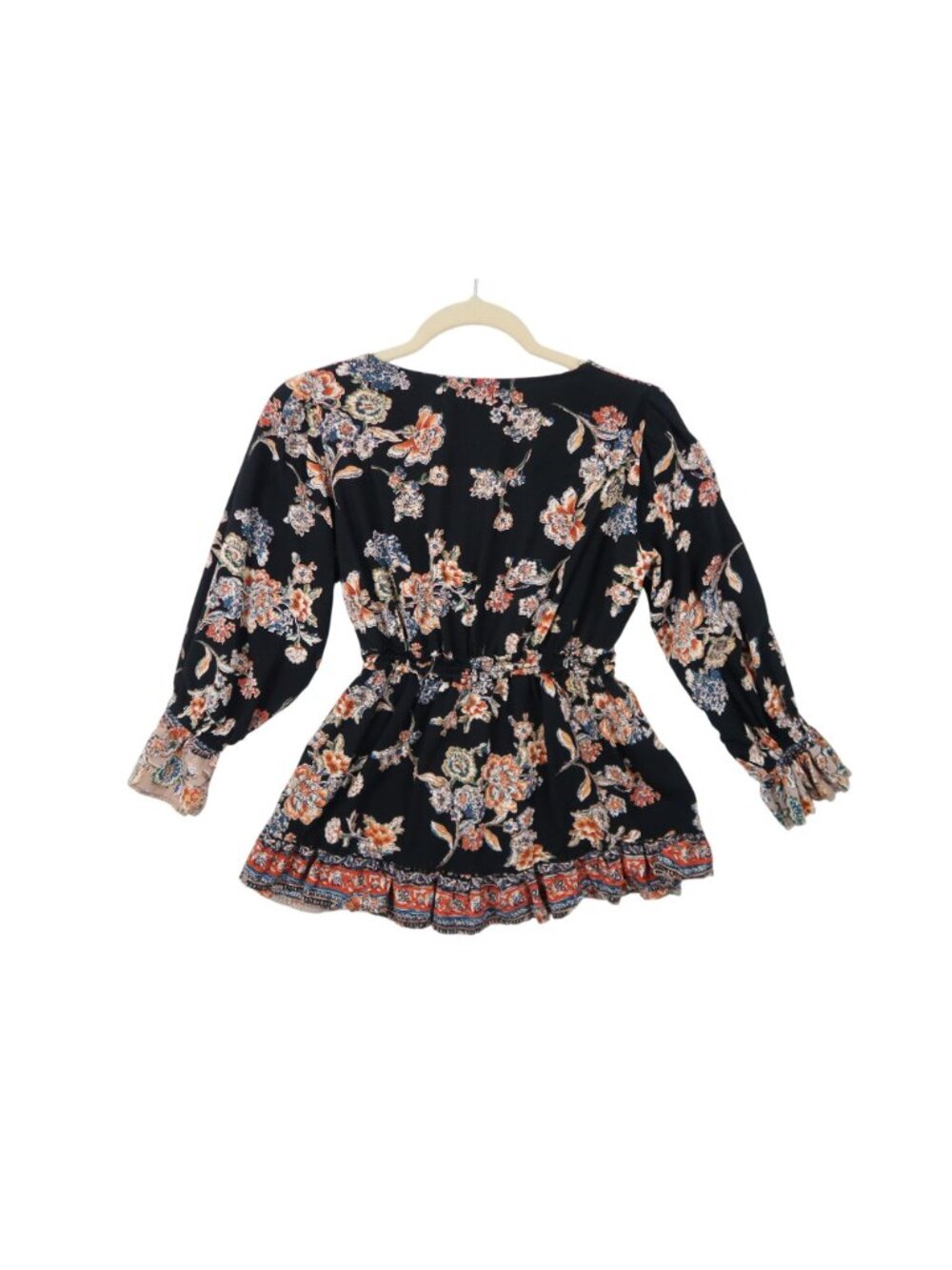 Angie S Black Floral Rayon Long Sleeve V-Neck Top Boho Dark Witchy Whimsy Goth - Picture 3 of 6